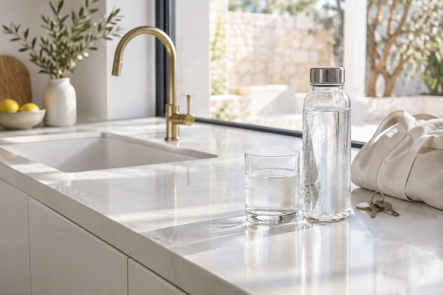 A clear water bottle and glass beside a white kitchen sink, with keys and a folded gym bag in soft morning light.