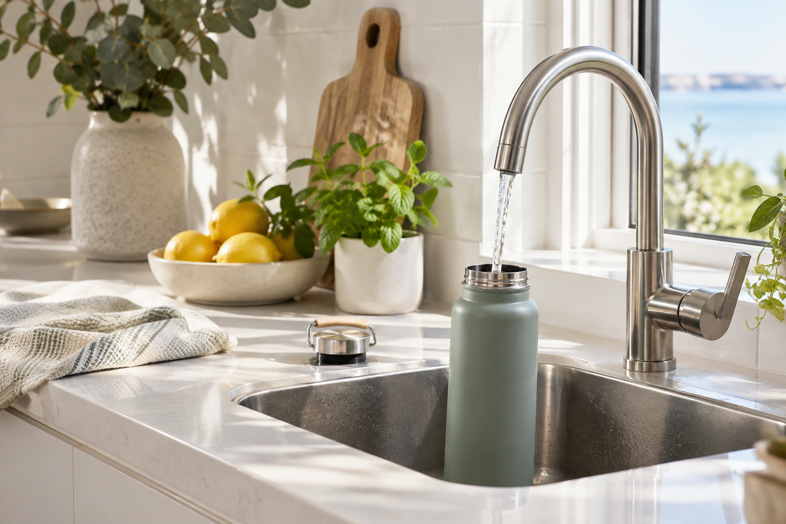 A reusable glass water bottle and glass of water on a bright white kitchen bench, with a tote and keys nearby.