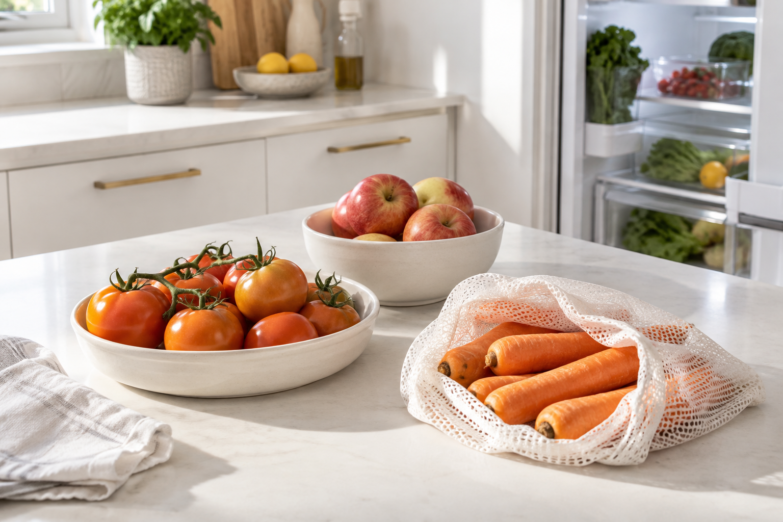 Tomatoes, a separate bowl of apples and carrots in a perforated produce bag arranged on a white kitchen bench beside a fridge.